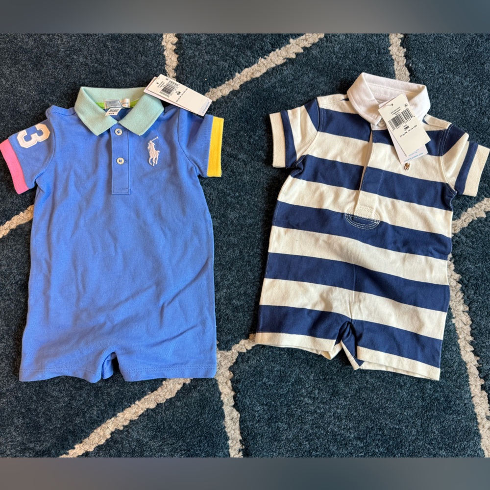 Ralph Lauren Blue and Navy Striped Polo Rompers - 2 Pack